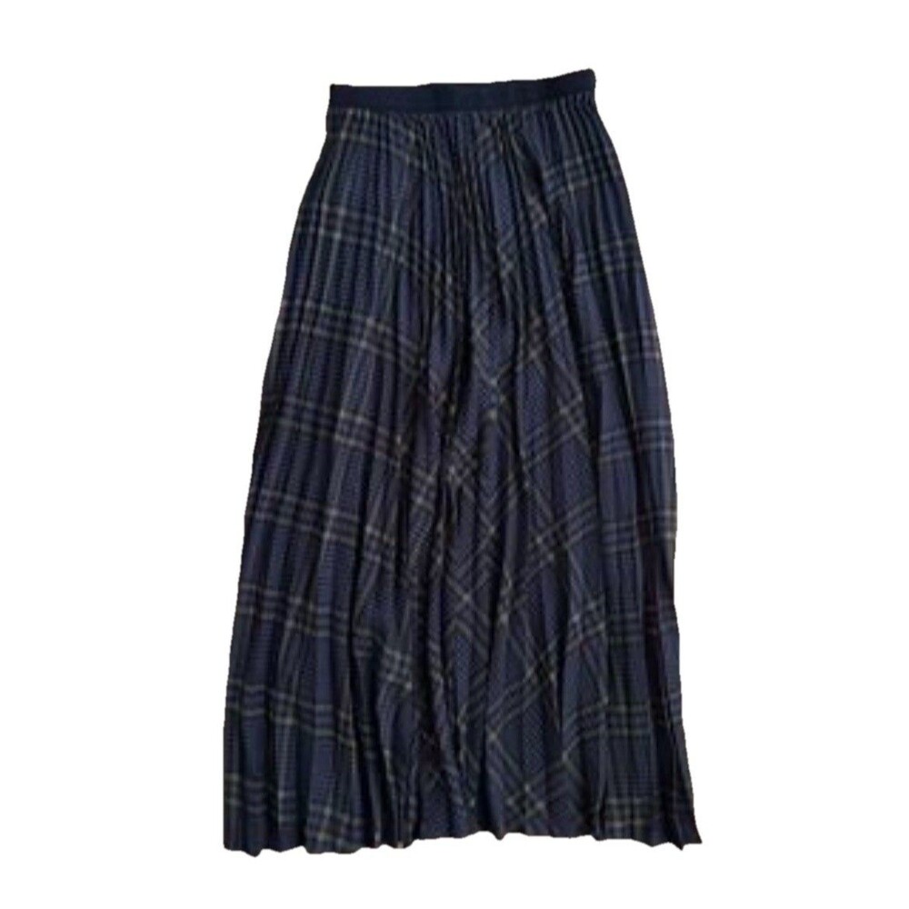UNIQLO :C Women’s Pleated Long Skirt Small Navy Checked Elastic Waist NWT